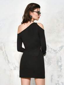 SHEIN LUNE Women's 2 Pieces Set Ribbed Knit Sexy Off Shoulder Uneven Hem Long Sleeve Top And Mini Sexy Skirt For Spring & Summer - Black - View 2