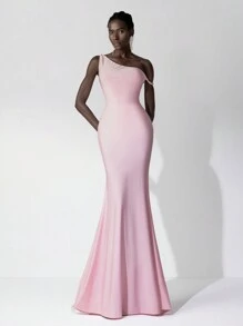 SHEIN Belle 不对称领口美人鱼下摆优雅粉色伴娘礼服 - 粉色 - 查看 1
