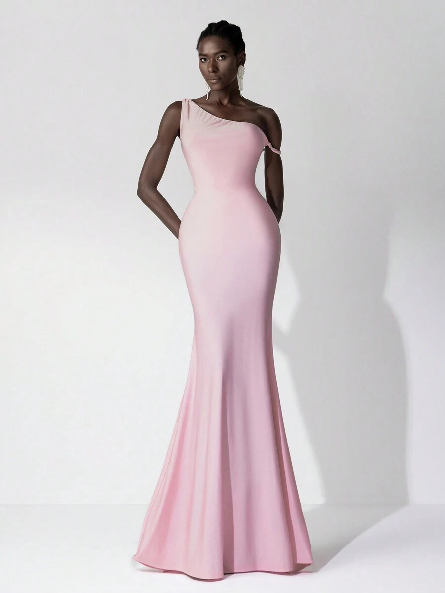 SHEIN Belle 不对称领口美人鱼下摆优雅粉色伴娘礼服 - 粉色 - 查看 1