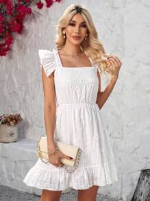SHEIN Clasi 女式盖袖领口纹理腰部修身连衣裙 - 白色 - 查看 7