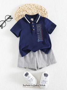 Cozy Pixies 2pcs Baby Boy Set - Collared Short Sleeve Top & Elastic Waist Shorts - Multicolor - View 1