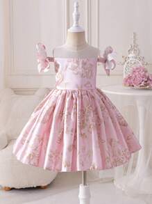 SHEIN Glamorique Kids Girls Lovely Vacation/Wedding Party Dress, High Quality Pink Flower Girl Banquet Dress With 3D Floral Decor, Suitable For Special Occasions - Pink - View 6