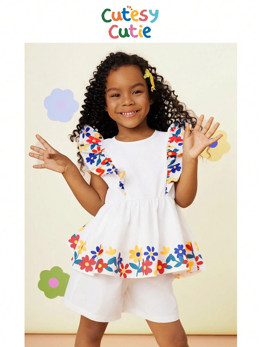 SHEIN Cutesy Cutie 2pcs Young Girl Set: Ditsy Floral Ruffle Trim Blouse And Loose Shorts - Multicolor - View 1