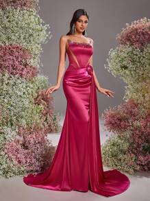 Glamrae Elegant Rose Red Tube Gorgeous Three-Dimensional Hot-Drilled Mesh On Both Sides, See-Through Slimming Hollow Fishtail-Shaped Side 3D Three-Dimensional Flowers Wedding Guest Dress, Suitable For Dates, Vacations, Graduation Back-To-School Season Wedding Events Dinner Dresses, Party Dress, Formal Dress, Evening Dress, Gown - Hot Pink - View 1