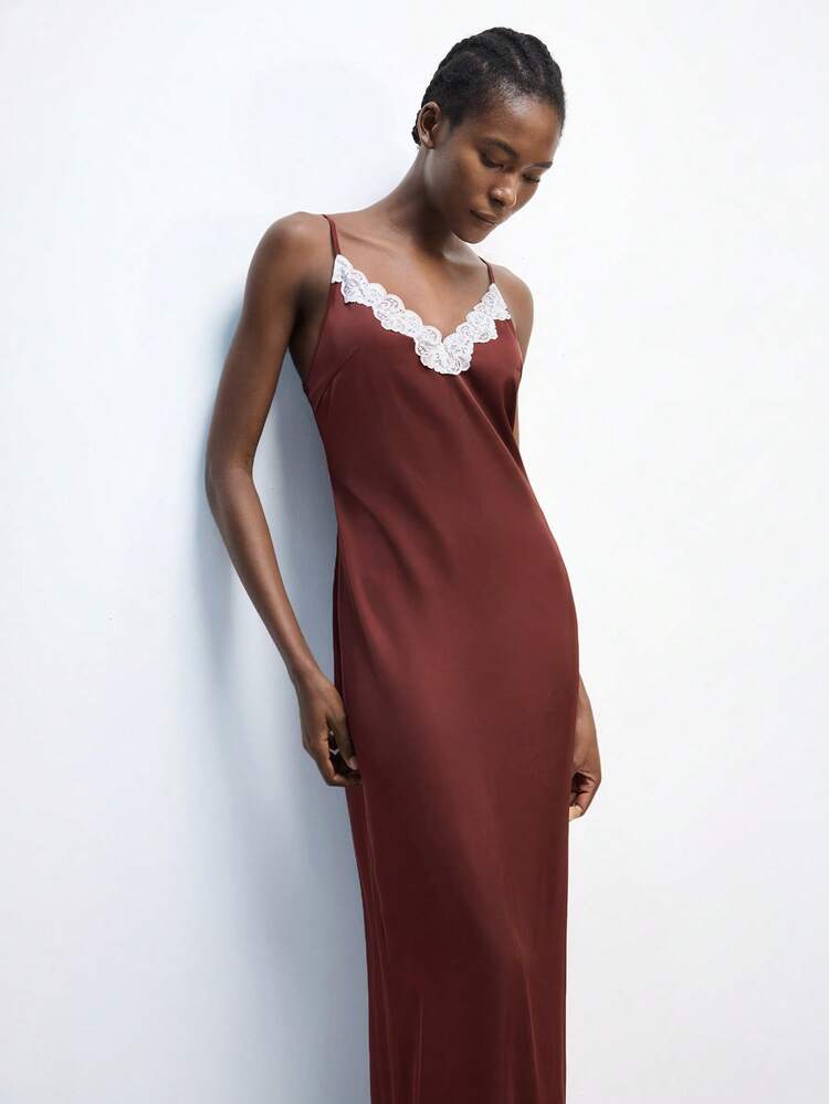 SHEIN Maija Valentine's Day Women Lace Splice Red-Brown Vacation Elegant Modern Urban Casual Tank Top Sweater, Suitable For Outings, Festivals, Parties, Dates, Chic Style