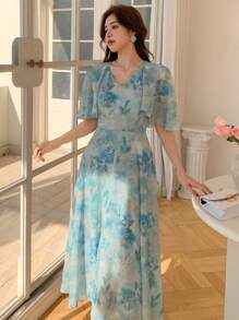 DAZY V领印花荷叶袖中长连衣裙，女士吊带裙，秋季长袖连衣裙，度假装扮，复活节女士 - 藍色 - 查看 5