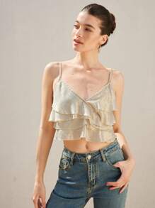 BELROSIE Metallic Satin Fabric Romantic Elegant Luxury Design Layered Ruffle Trim Camisole For Women - Gold - View 6