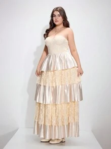 SHEIN MOD Váy ren thêu ren hở ngực cỡ lớn - Màu be - Xem 7