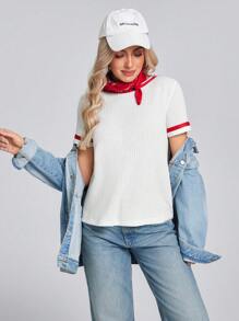 SHEIN LUNE Camiseta de manga corta con cuello redondo, bloque de color y cinta para mujer, estilo veraniego, western y de concierto rave - Blanco - Ver 2