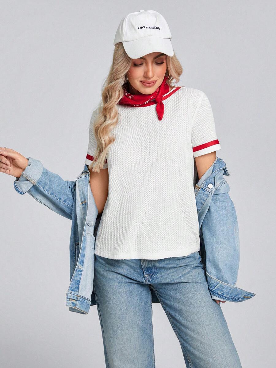 SHEIN LUNE Camiseta de manga corta con cuello redondo, bloque de color y cinta para mujer, estilo veraniego, western y de concierto rave