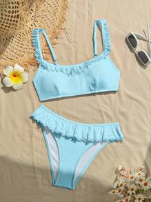 Swim Mod 2pcs Women Solid Color Lace Trim Swimwear Set, Party For Summer Beach Vacation