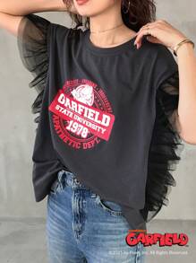 Garfield | FRIFUL 女士圆领网眼拼布撞色字母印花上衣，夏季可爱上衣 - 灰色 - 查看 4