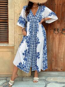 Breezaya Vestido de vacaciones de línea A con cuello en V profundo, manga 3/4 y bajo con abertura, estampado colocado, talla grande