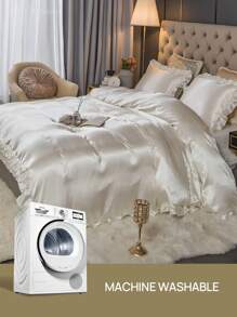 2/3件套奢华缎面白色荷叶边被套套装，荷叶边流苏被套套装，纯色复古奢华农舍风格床上用品套装，3件套波西米亚风荷叶边系带被套套装（不含被芯）。完美适配单人床、双人床、大号双人床、特大号双人床。适用于家居床上用品、宿舍用品和圣诞装饰。 - 白色 - 查看 8