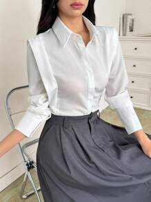 Mulvari Casual Versatile Solid Color Collared Long Sleeve Shirt For Women - White - View 3