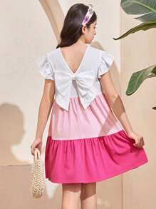 SHEIN Tween Girls Solid Knit Ruched Peplum Bow Back Casual Vacation A-Line Dress, Princess Dress, Suitable For Spring Outing, Graduation Party, Birthday Gathering, Valentine's Day, Flower Girl Dress - Multicolor - View 2