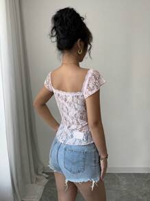 Chiquease Camiseta de mujer con encaje rosa, detalles de lazo elevado - Rosa - Ver 2