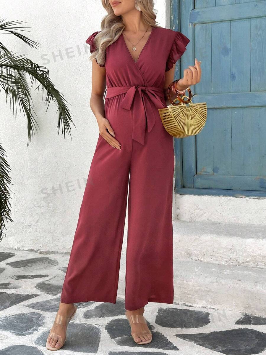 SHEIN Mono de piernas anchas cómodo para mujeres embarazadas, color borgoña
