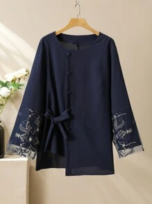 Lacomfia 2pcs Plus Size Set: Elegant Round Neck Embroidered Mesh Patchwork Fall Cloth For Women - Navy Blue - View 4