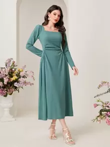 Modelyn Robe élégante à manches longues pour femmes avec col carré et taille cintrée, style vintage - Vert menthe - Voir 3