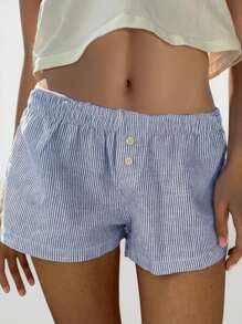 SHEIN PETITE Women's Button-Up Striped Beach Vacation Shorts