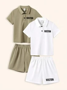SHEIN 4pcs/Set Young Boy Casual White Summer Knit Two-Piece Set,Polo Collar Letter Print Top And Solid Shorts,Back-To-School Career Day School Birthday - Multicolor - View 4