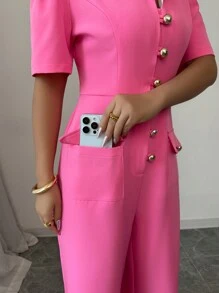 Elenzga Women Elegant Fashion Holiday Romantic Short Sleeve Turndown Collar Contrast Trim Half-Placket Cinched Waist Solid Jumpsuit - Pink - View 3