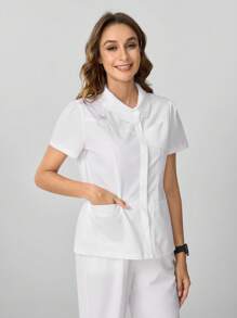 TaskEZ Pijama médico de estilo bordado de mariposa con múltiples bolsillos - Blanco - Ver 6