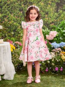 Young Girl Ditsy Floral Round Neck Ruffle Trim Bowknot Design Woven Dress - Multicolor - View 4
