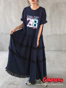 Garfield X FRIFUL Women's Letter Print Layered Cake Pattern Mid-Length Summer Dress - Navy Blue - View 9