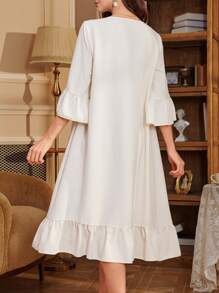 女士V领七分袖两用荷叶边睡裙娃娃衫，适合假日、秋冬季穿着。 - 杏色 - 查看 2