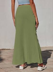 SHEIN EZwear White Linen Mermaid Maxi Skirt, Spring/Summer, Resort Wear - Green - View 2
