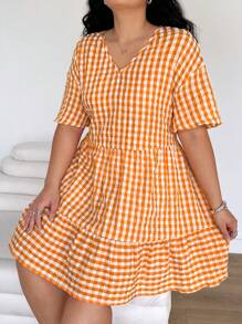 SHEIN EZwear Orange Plaid Short Sleeve V-Neck Plus Size Dress, Casual Vacation Summer /Spring,Elegant Vacation Outfits Woman Casual Wedding Guest Dress, Sun Dress