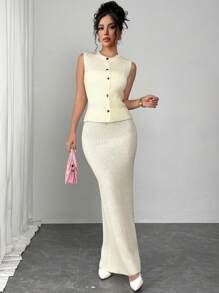 SHEIN Privé 女士春季优雅浪漫时尚通勤性感杏色羊毛背心 + 裙子两件套适合派对、度假、返校、浪漫约会和生日、婚礼季、毕业季、情人节、复活节 - 白色 - 查看 3