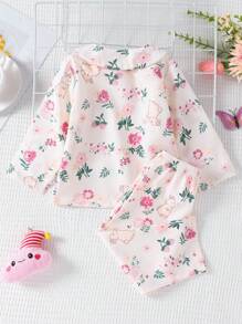 2pcs/Set Baby Girls Apricot Rabbit & Floral Print Ruffled Collar Long Sleeve Top And Pants, Casual Loungewear - Multicolor - View 2