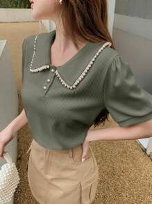 DAZY 女士仿珍珠边POLO领短袖休闲T恤 夏季复活节 - 綠色 - 查看 3