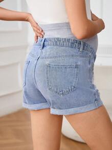 SHEIN Maternity High Waisted Ripped Contrast Color Patchwork Denim Shorts - Light Wash - View 2