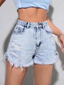 SHEIN PETITE Women Casual Washed Ripped Distressed Denim Shorts - Blue - View 3