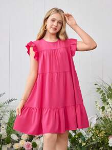 SHEIN Teen Girl Casual Solid Color Cap Sleeve Mini Dress