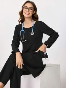 TaskEZ Women's Solid Color Round Neck Long Sleeve Pocket Top And Trousers, Scrub Uniform Set - Black - View 1