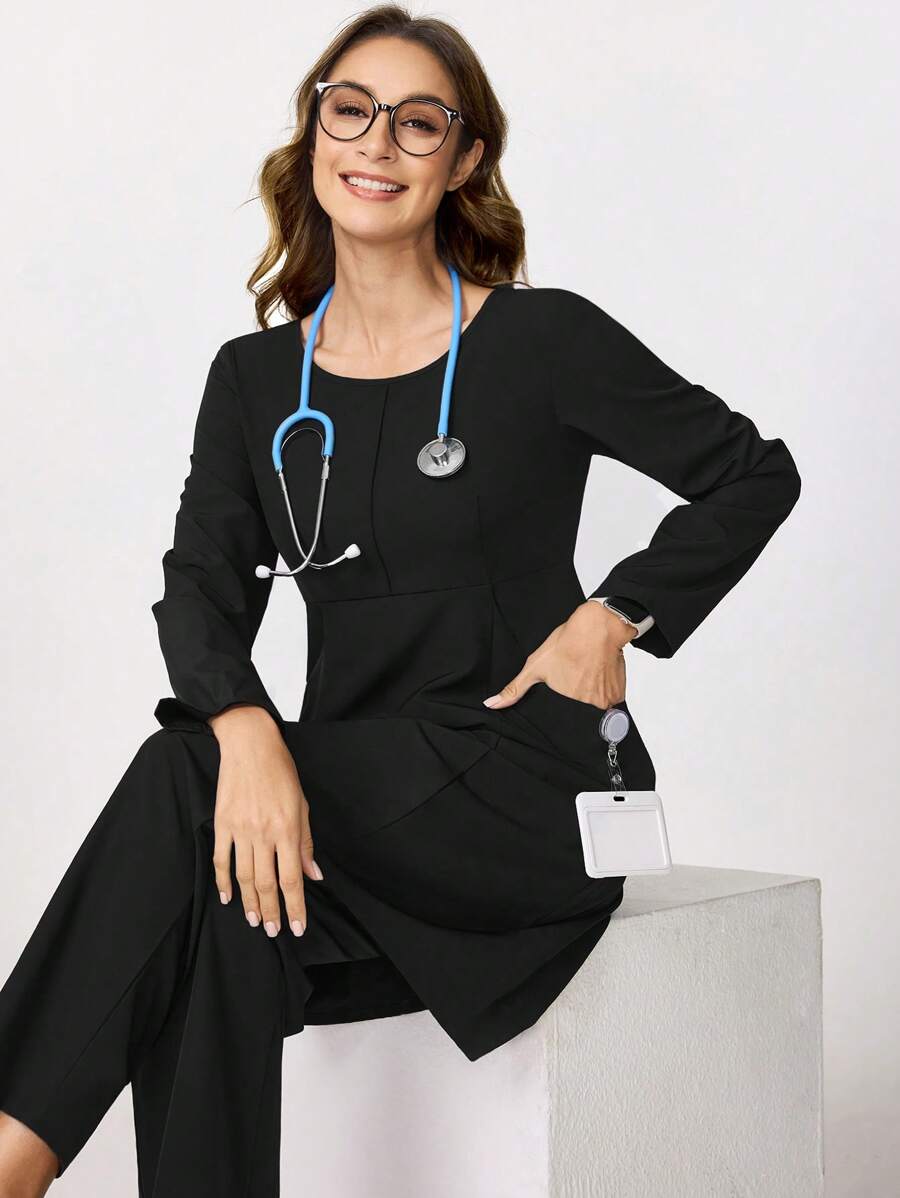 TaskEZ Women's Solid Color Round Neck Long Sleeve Pocket Top And Trousers, Scrub Uniform Set - Black - View 1