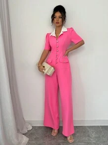 Elenzga Women Elegant Fashion Holiday Romantic Short Sleeve Turndown Collar Contrast Trim Half-Placket Cinched Waist Solid Jumpsuit - Pink - View 4