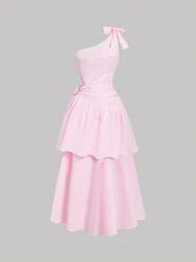 SHEIN MOD 不对称领口蝴蝶结腰部拼布飘逸下摆长裙，粉色 - 粉色 - 查看 2