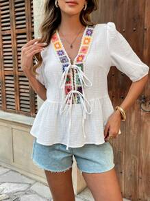 SHEIN Unity French Elegant Solid Color Woven V-Neck Puff Sleeve Embroidery Splice Design Ladies Shirt, New Summer Collection - White - View 5