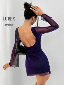 SHEIN PETITE 交响乐网布露背长袖迷你女式派对连衣裙 - 紫色 - 查看 8