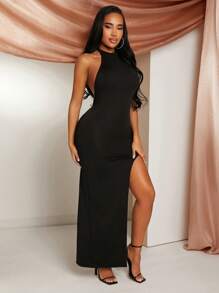 SHEIN SXY Spring/Summer Valentine's Day Wedding Season Guests Wear A Black High-Stretch Knit Halter Sleeveless, High Slit, Large Halter With Chain Decoration Long Slim-Fit Dress