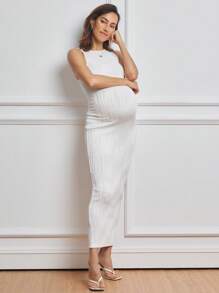 MaterniWear Maternity Work/Office Solid Color Textured Round Neck Fitted Tank Dress - White - View 6
