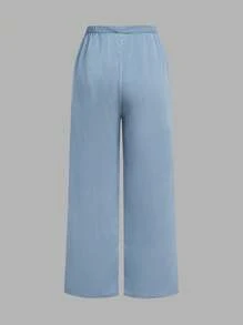 SHEIN Leap Crew Tween Girls 蓝白拼接衬衫，带荷叶边饰边，喇叭裤 2 件套，优雅通勤复古休闲装