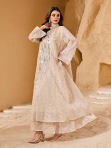 Al Najma Custom Made Premium Embroidered Fabric And Sequin Embroidery Elegant Luxury Women Dress, Kaftan & Jalabiya, Luxury Evening Dresses For Women - Apricot - View 3