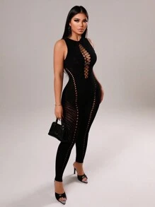 Zolique Women Solid Color Round Neck Sexy Hollow Net Tight Jumpsuit - Black - View 3